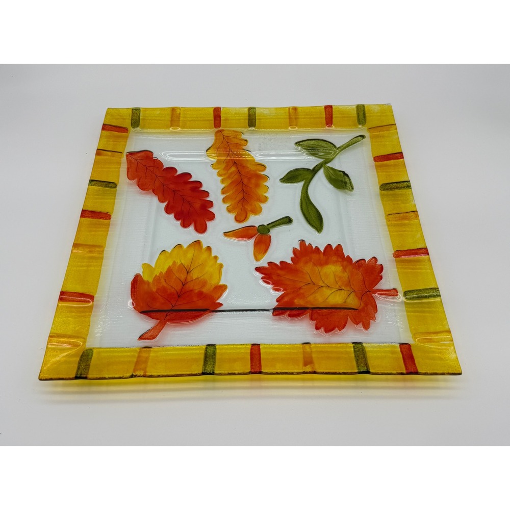 Handcrafted Autumn Leaves Fused Glass Square Platter Fall Harvest Decor 14in